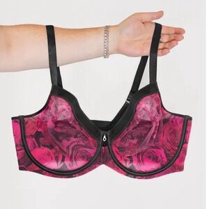 Curvy Couture 36DDD Black Pink Rose Print Mesh Underwire Bra Style 1311